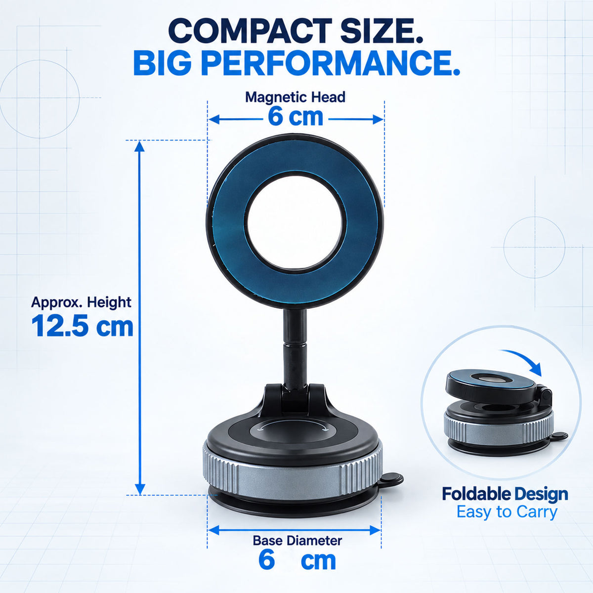 A black and gray magnetic phone holder with a blue ring, displaying its height, magnetic head, and base diameter