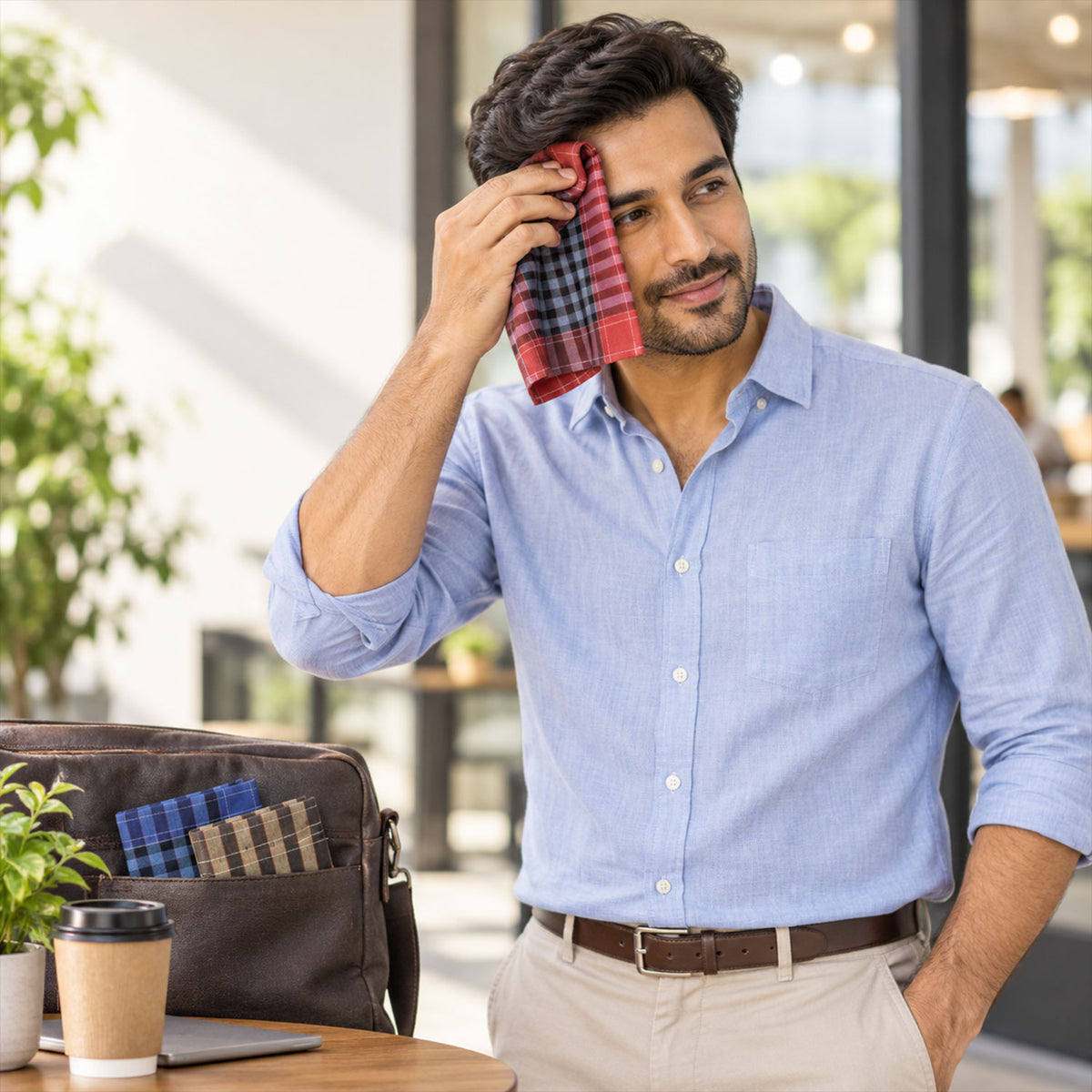 A man in a light blue shirt stands outdoors, with blue and brown checkered handkerchiefs visible in a brown bag.