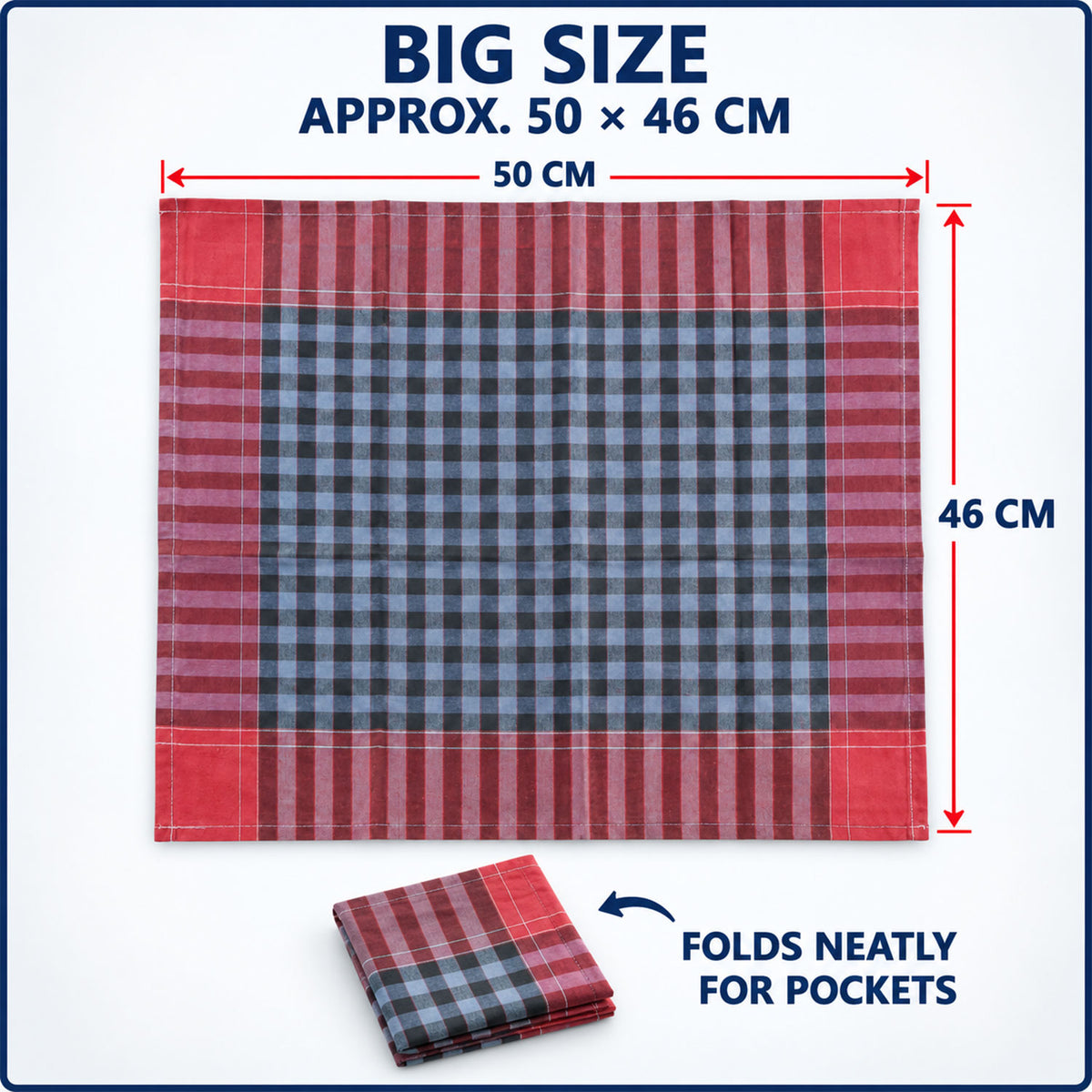A large, unfolded red, blue, and black checkered handkerchief with dimensions 50x46 cm. A smaller folded one rests nearby.