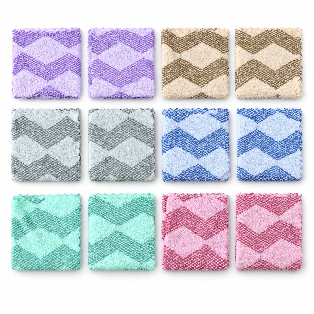 Twelve small, folded square towels in purple, beige, gray, blue, green, and pink with chevron patterns arranged neatly.