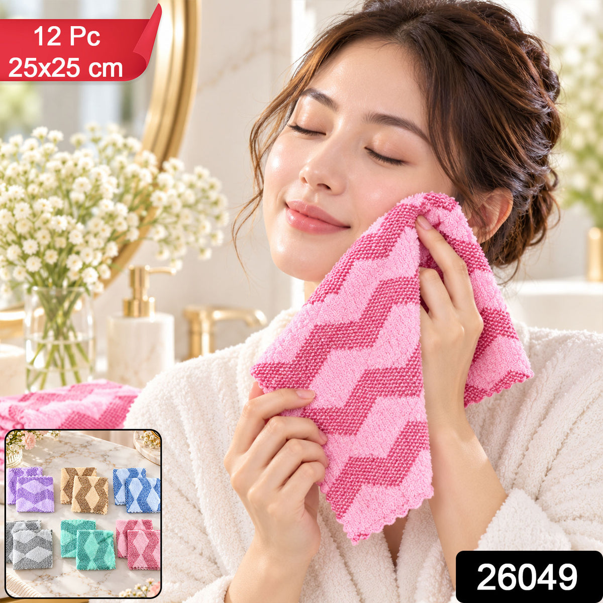 A woman closes her eyes, dabbing her face with a pink chevron towel, with a small inset showing other towel colors.