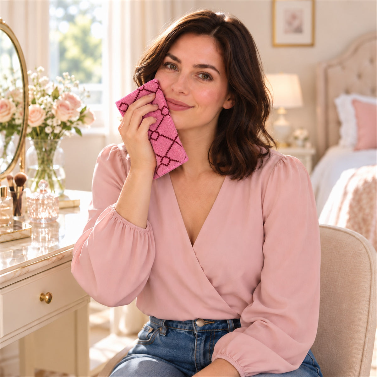 A woman gently dabs her cheek with a pink handkerchief featuring a dark diamond pattern, sitting at a vanity table.
