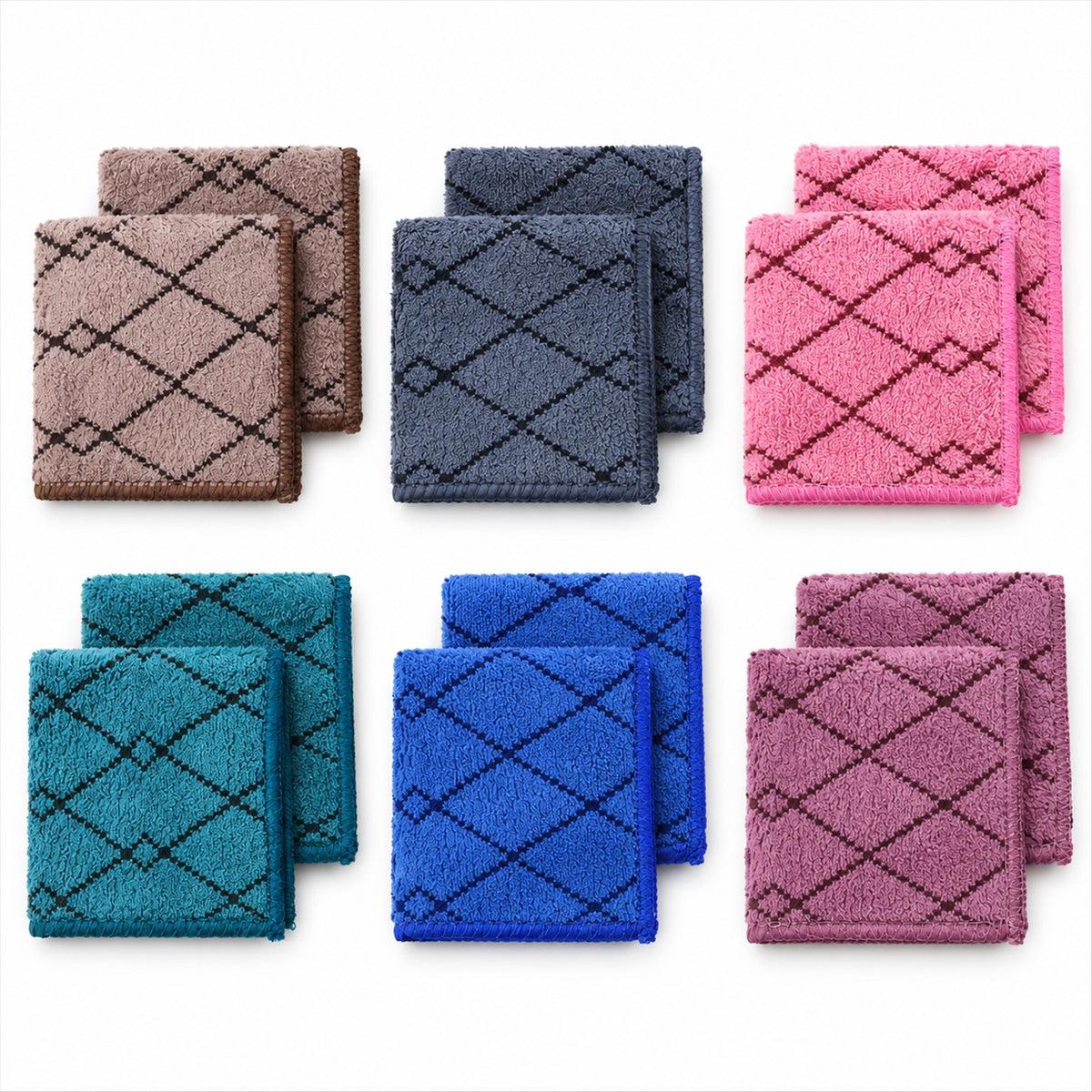 Twelve folded handkerchiefs in six different colors, each with a dark diamond pattern, are neatly arranged in pairs on a