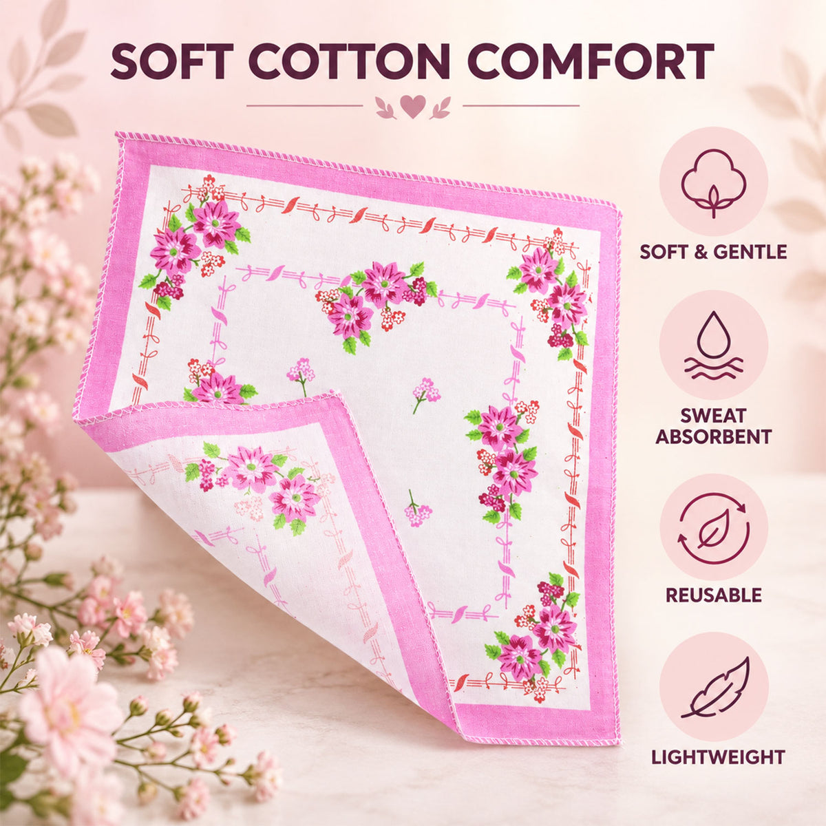 A pink-bordered floral handkerchief rests on a marble surface with delicate pink flowers, highlighting its soft cotton