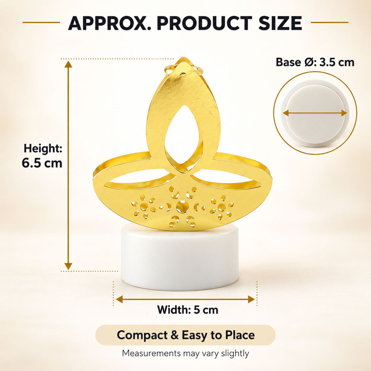 Diagram showing dimensions of a golden diya LED tealight candle