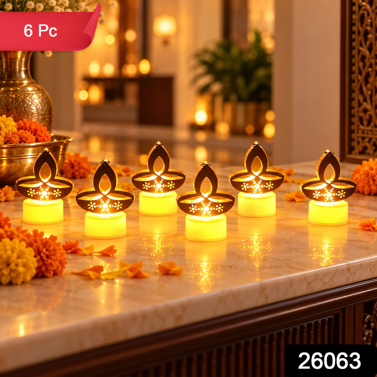Set of six golden diya LED tealight candles in packaging