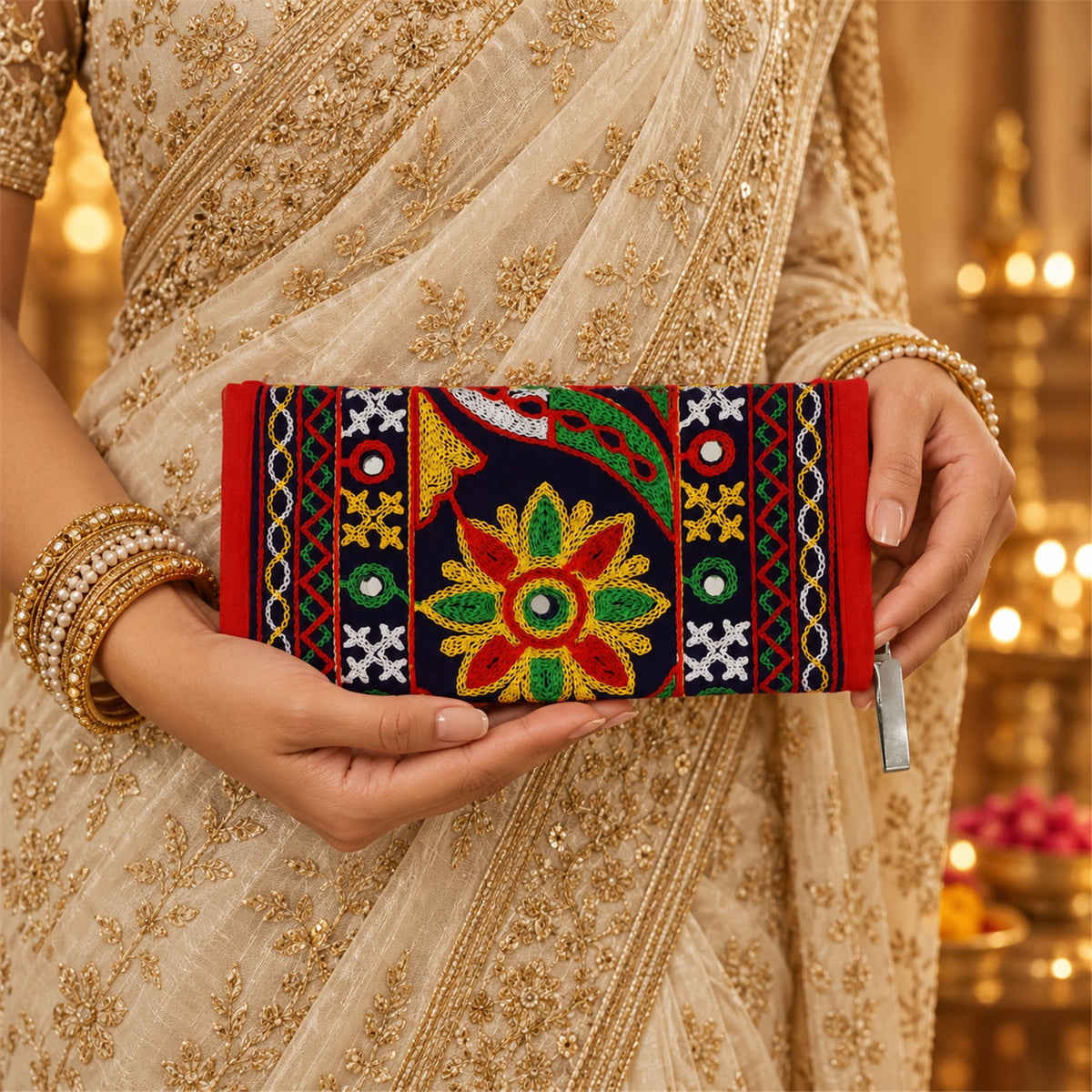 Traditional floral embroidered clutch wallet zip