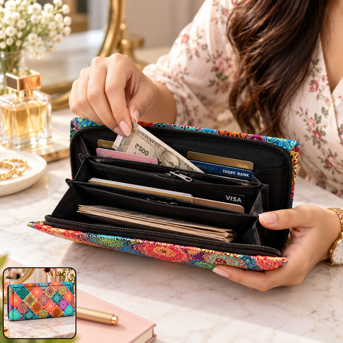 Traditional mandala print zipper wallet - product view 02