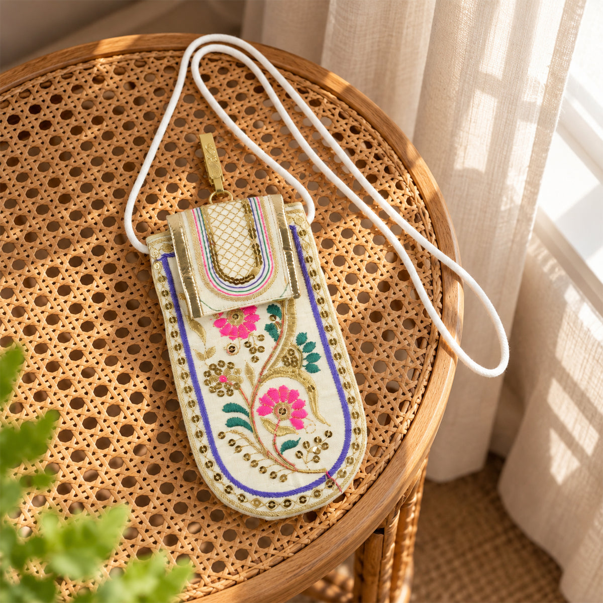 Traditional floral embroidered mobile sling pouch - view 02