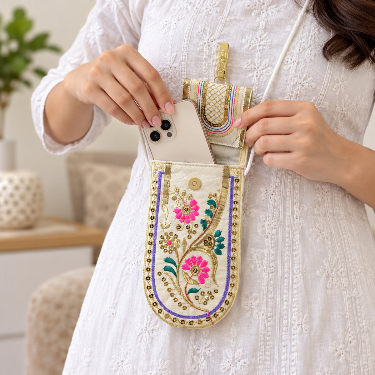 Traditional floral embroidered mobile sling pouch - view 03