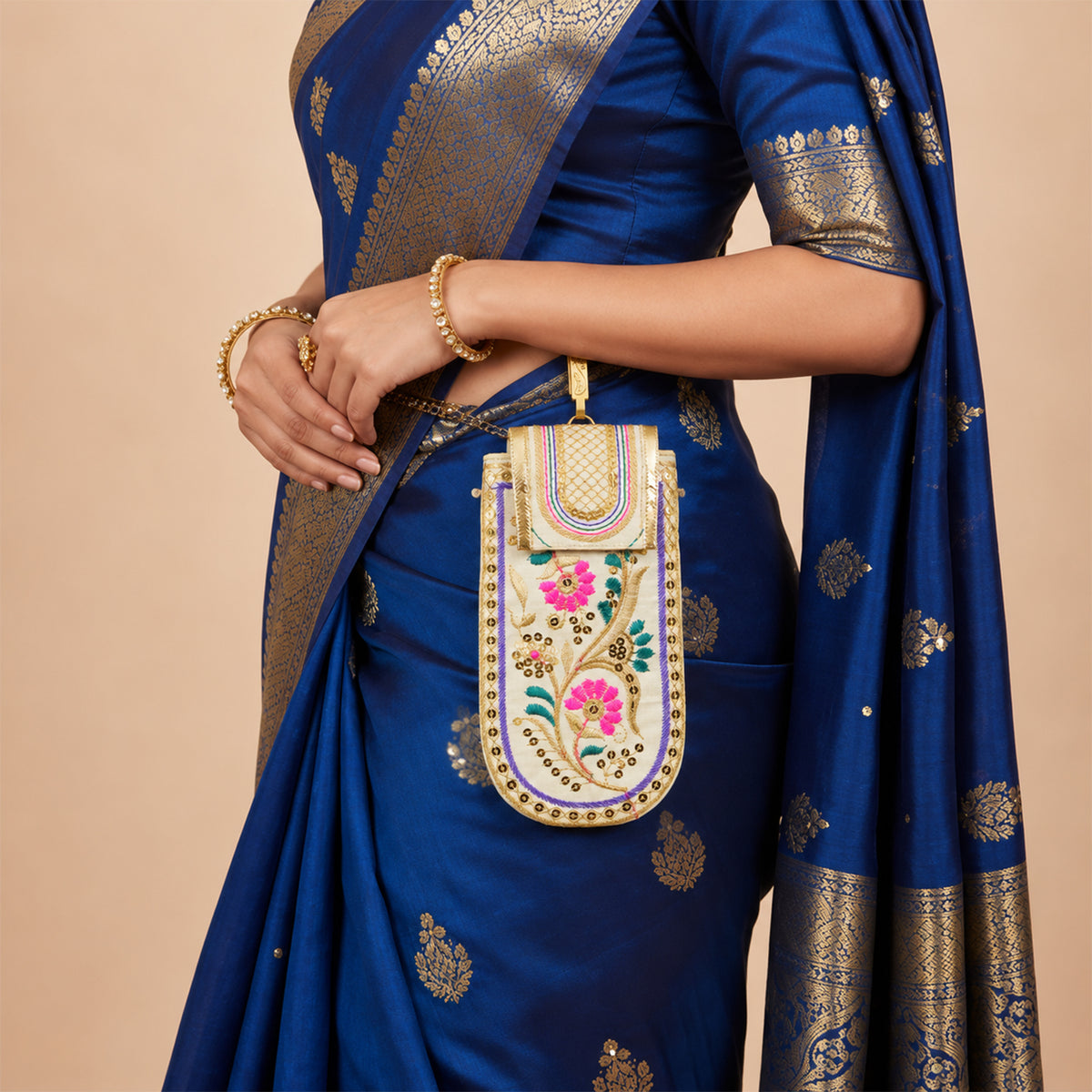 Traditional floral embroidered mobile sling pouch - main photo