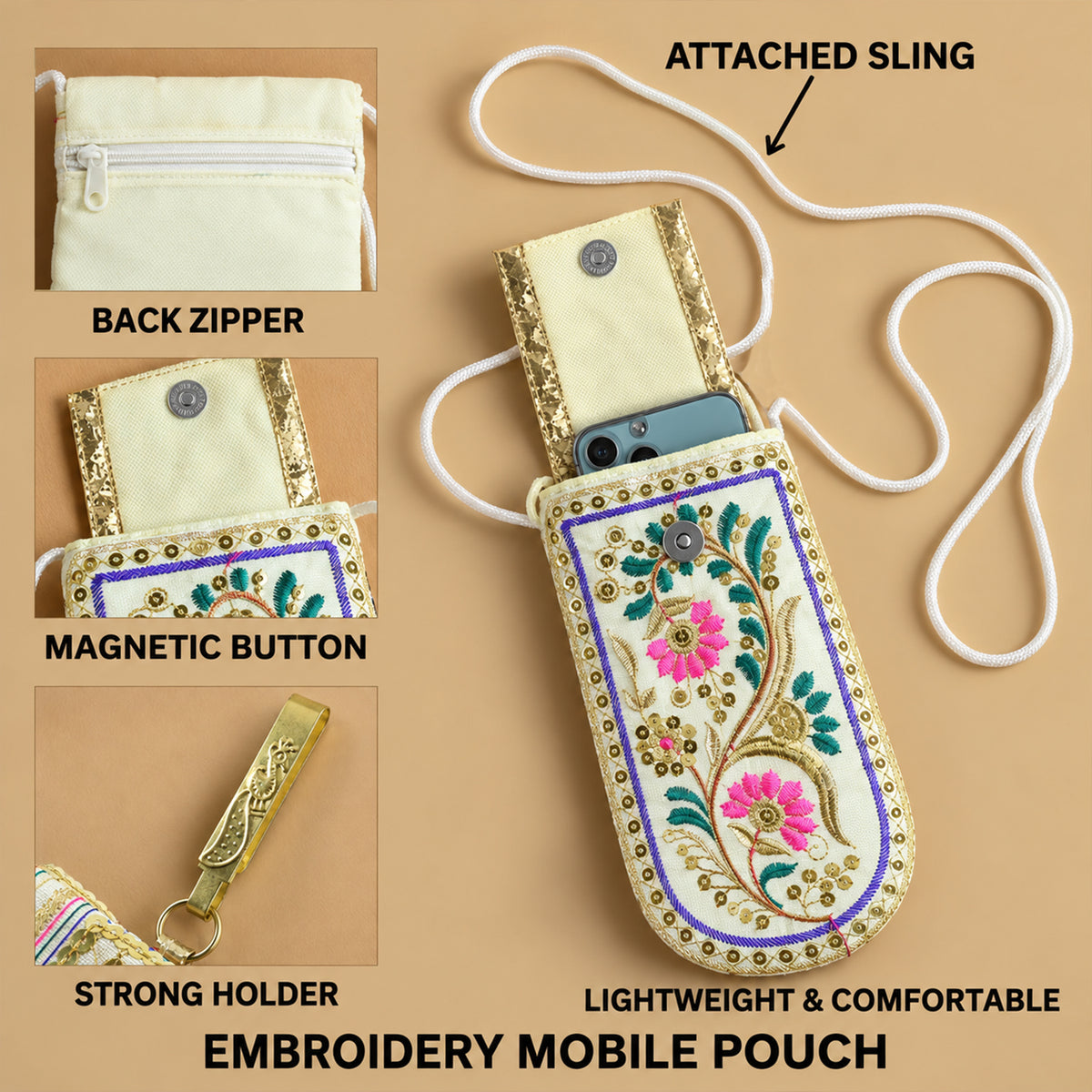 Traditional floral embroidered mobile sling pouch - view 06