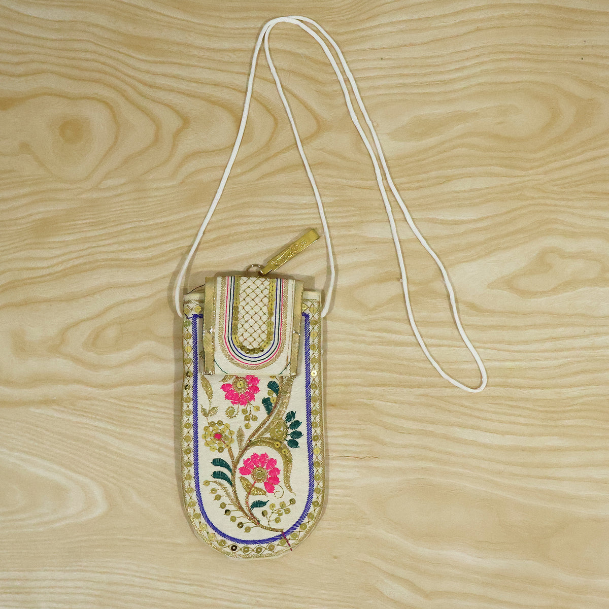 Traditional floral embroidered mobile sling pouch - actual product
