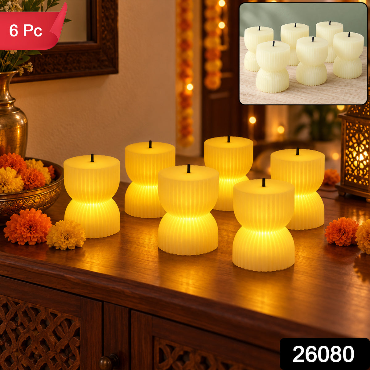 Hourglass ribbed flameless LED candles - 6 Pc set