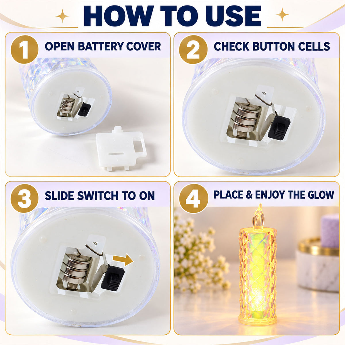 A four-panel graphic illustrates how to use the crystal LED candle, showing battery insertion and switch operation.