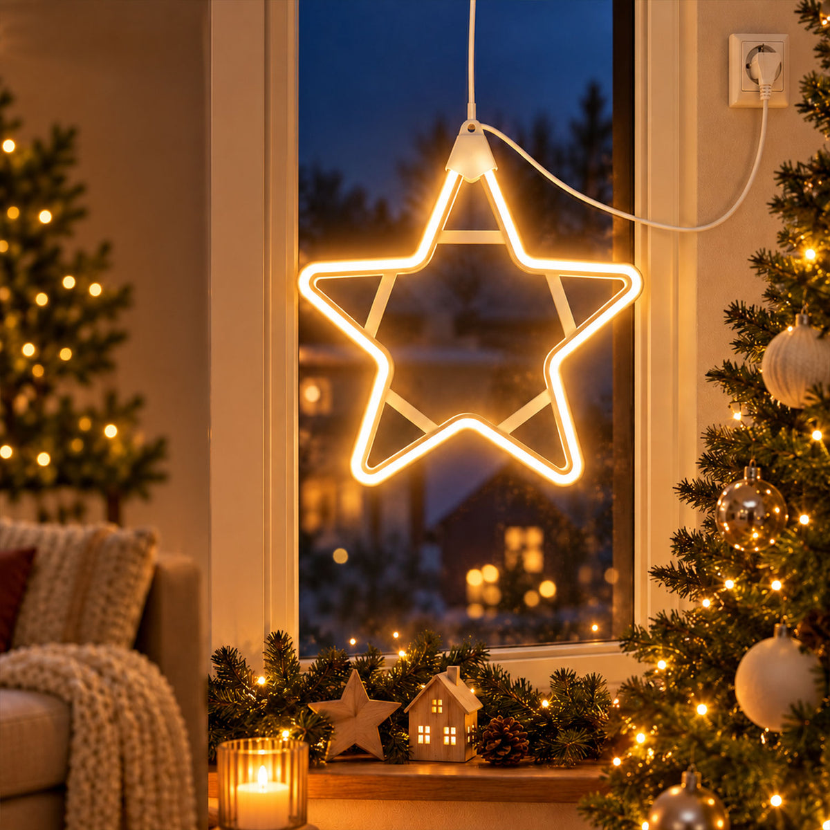 Warm white star shape LED hanging light festive