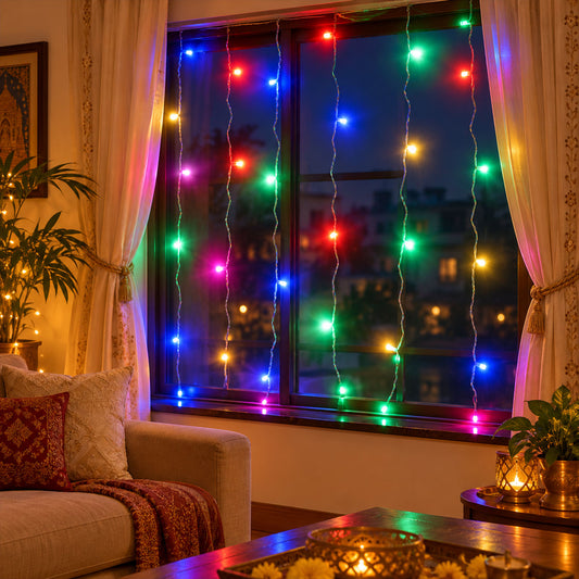 Multicolor LED curtain lights illuminate a window, creating a festive ambiance in a cozy living room.
