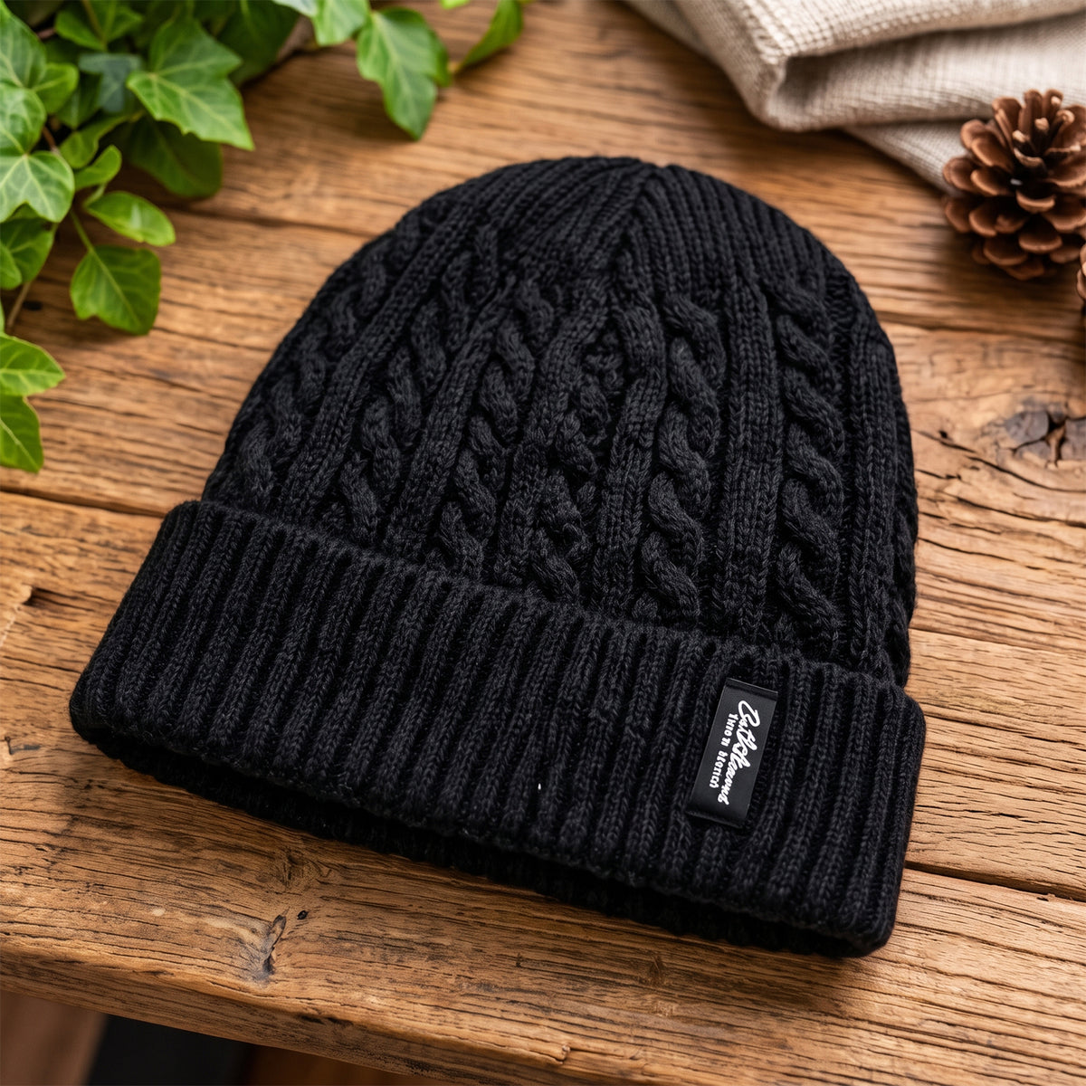 Cable knit winter beanie cap with fleece lining, product view 3