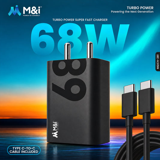Black 68W USB-C wall charger with two prongs, alongside a coiled black Type-C to Type-C cable.
