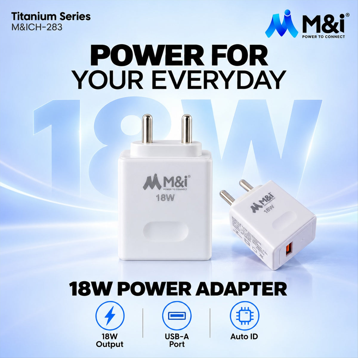 Two white 18W power adapters with two pins each on a light blue background.