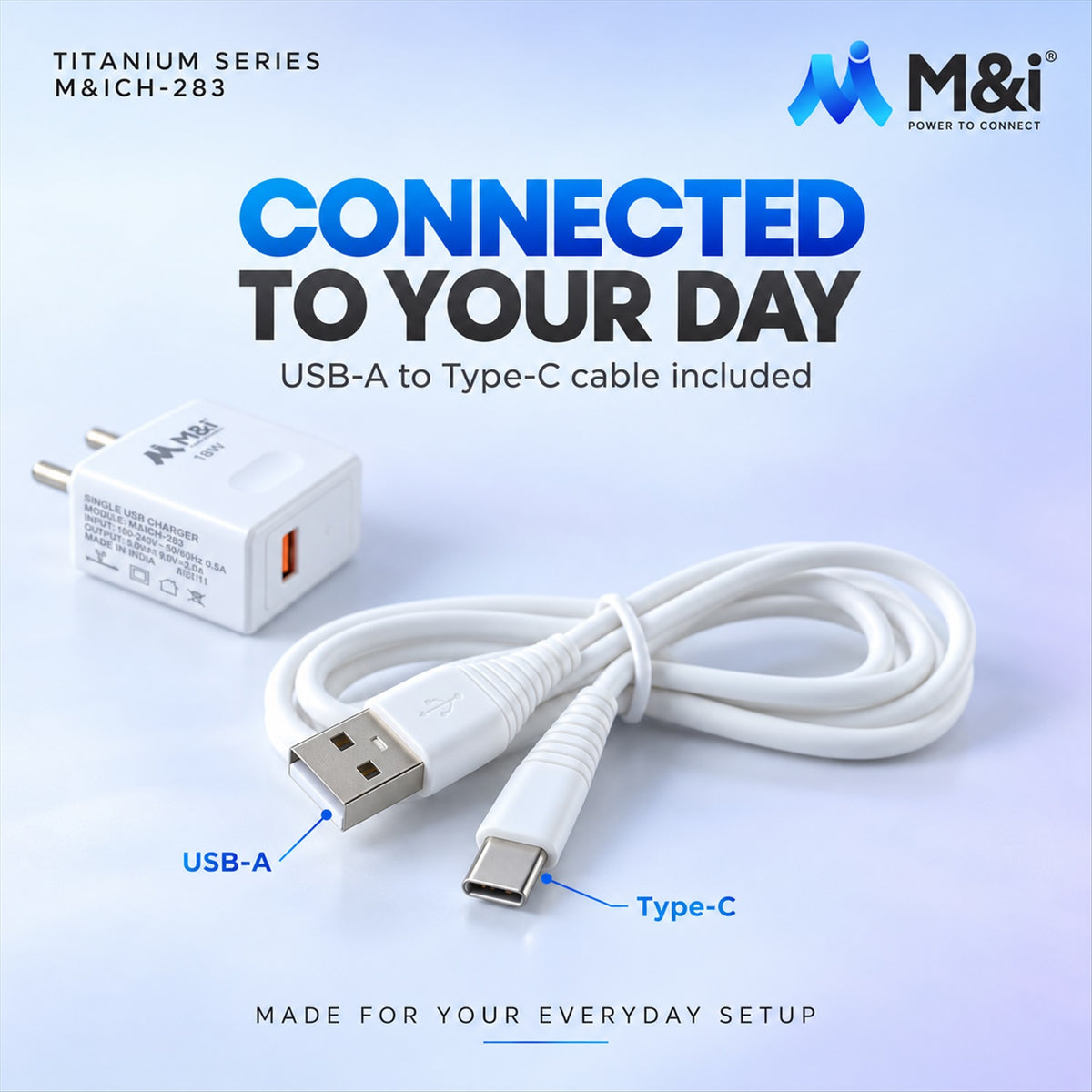 White 18W charger and white USB-A to Type-C cable with labeled ends on a blue background.