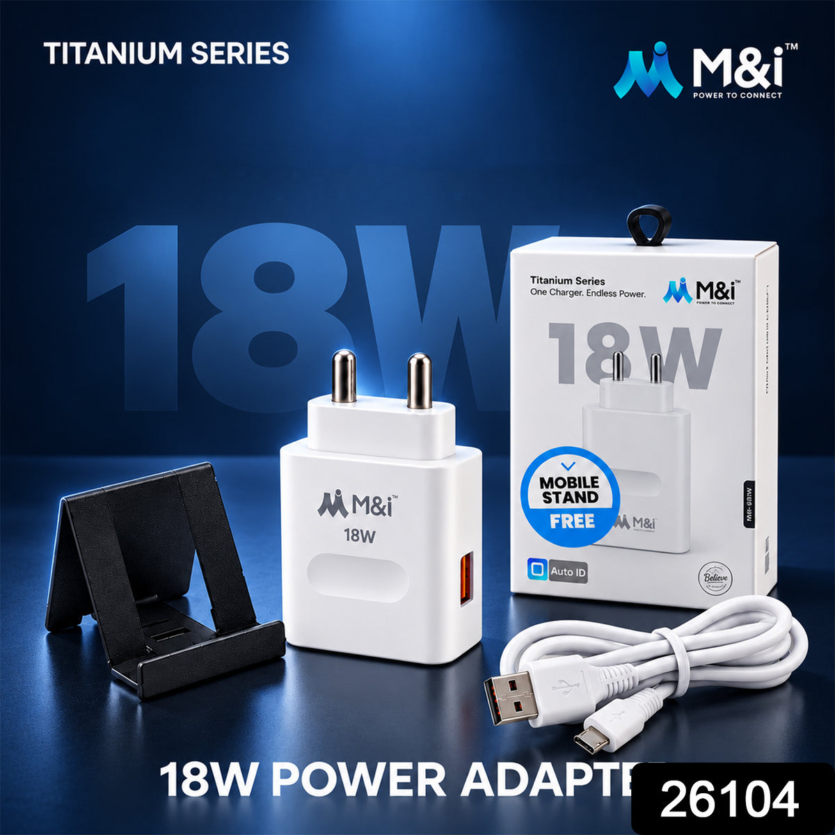 White 18W power adapter, coiled USB-A to Micro USB cable, and black mobile stand with product box. – view 2