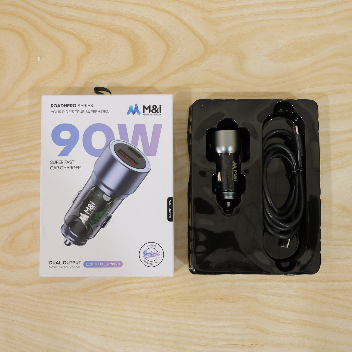 90W dual port USB-A and Type-C car charger with Type-C cable live