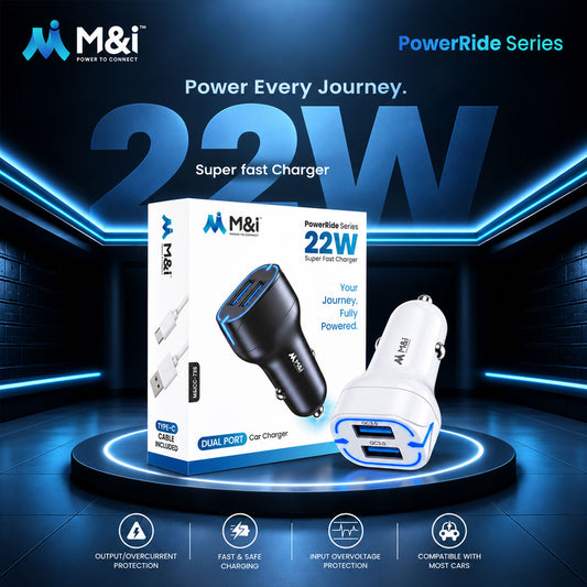 Black and white M&I 22W PowerRide Series dual port car chargers with blue LED accents, displayed with product packaging.