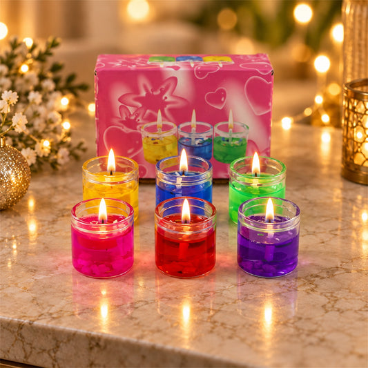 Colourful decorative gel wax candles in glass jars 01