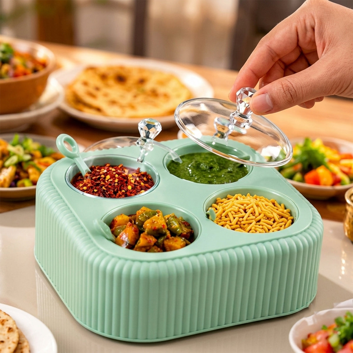 Four jar dining stand with transparent lids and spoons 05