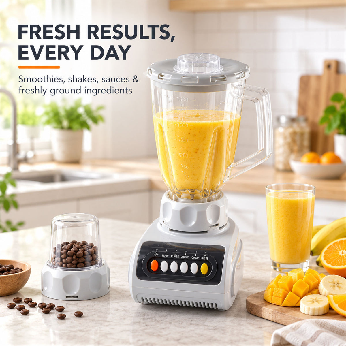 A white and black blender with a clear jar filled with a yellow smoothie, a grinder cup with coffee beans, and fresh fruit.