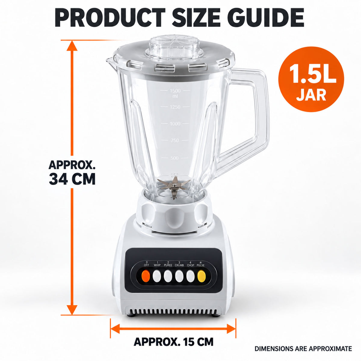 A white and black blender with a clear jar, displaying size measurements: approximately 34 cm tall and 15 cm wide.