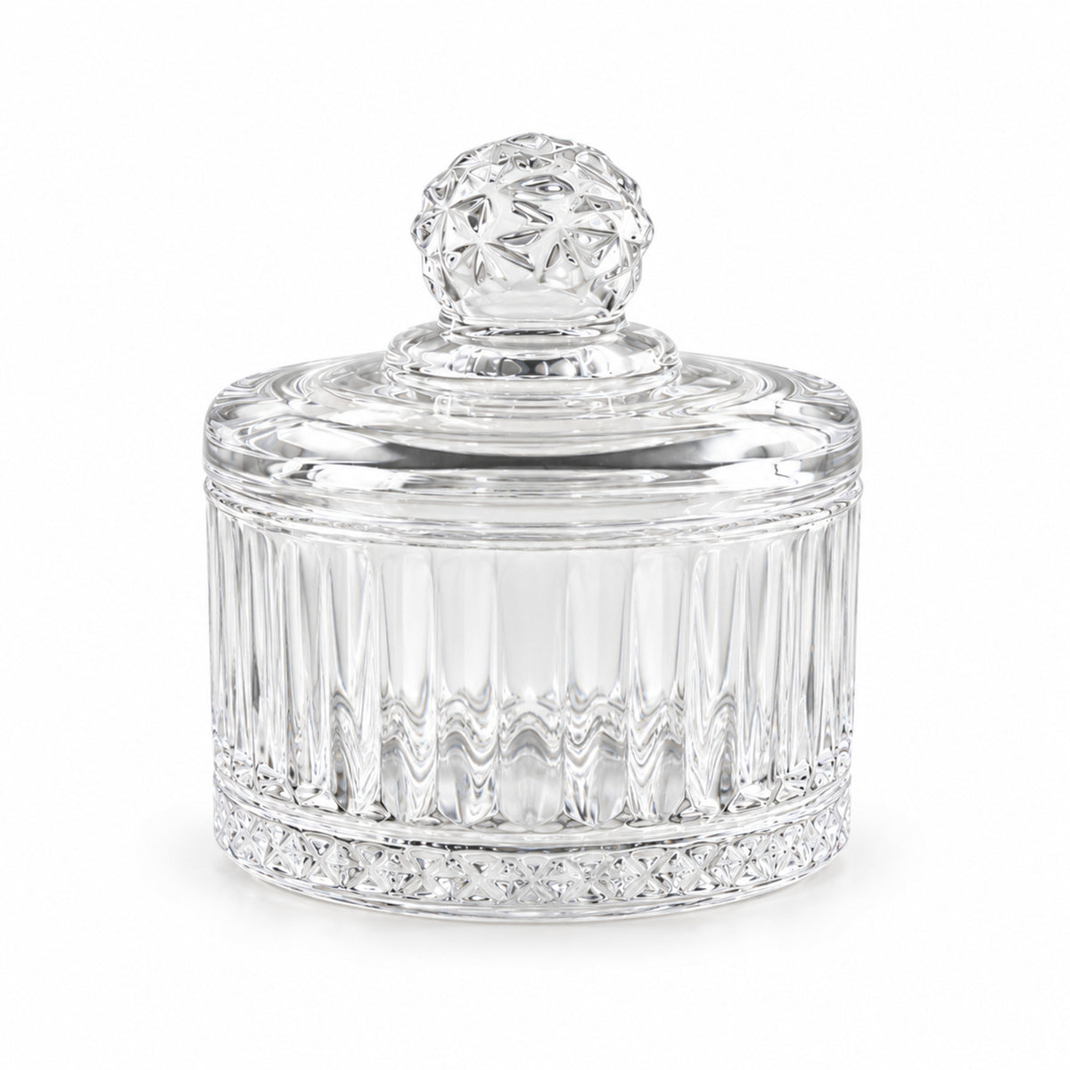 Empty clear glass candy bowl with a decorative faceted lid, showcasing its vertical ribbed design and patterned base.