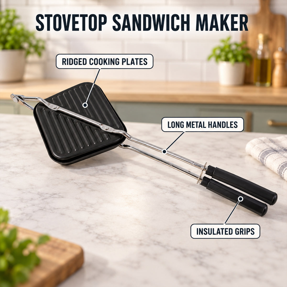 Stovetop non-stick sandwich toaster with long handles, product view 4