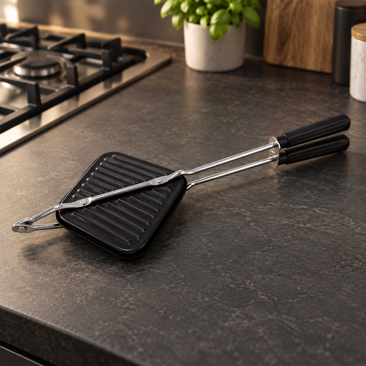 Stovetop non-stick sandwich toaster with long handles, product view 7