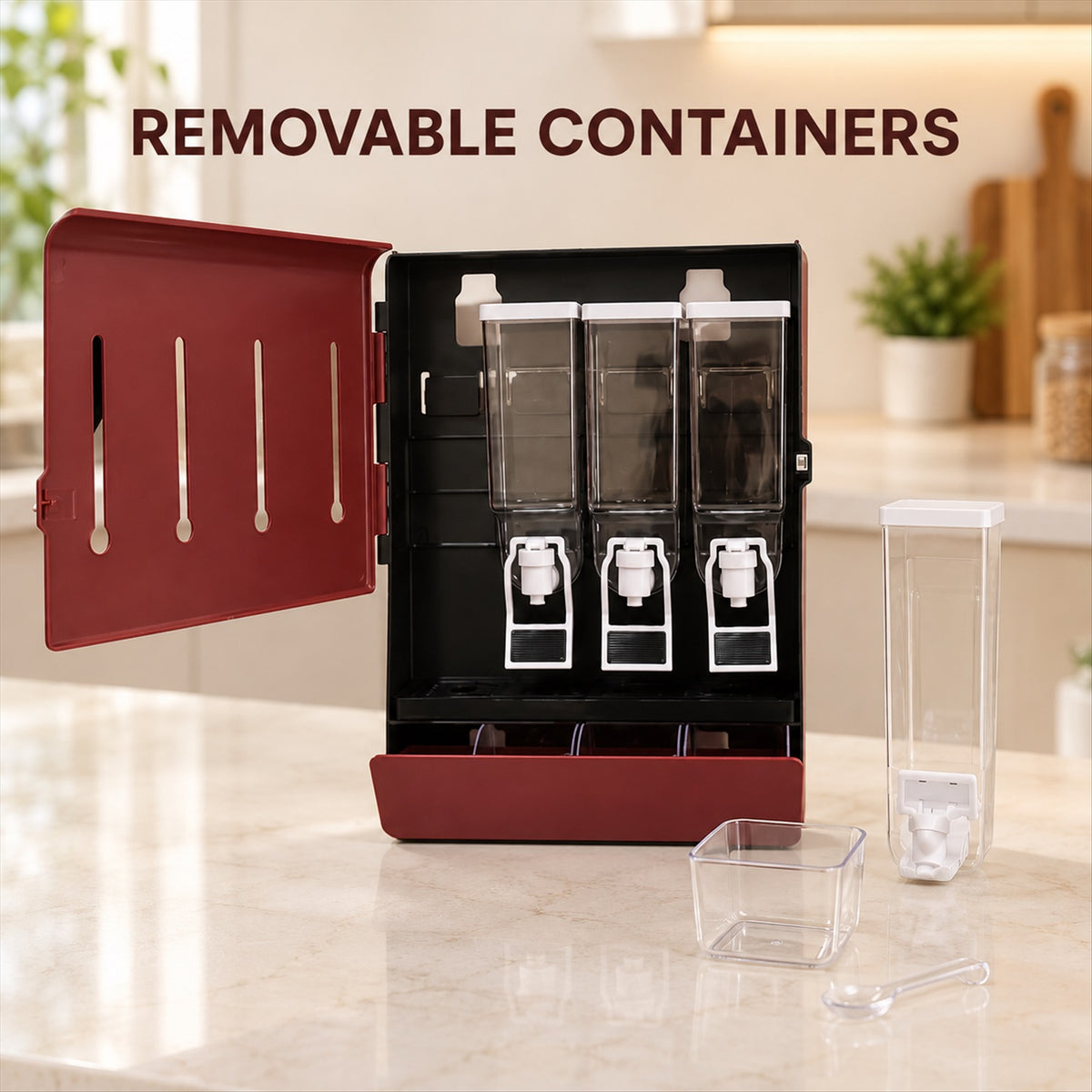 Kitchen oil dispenser with four containers and dispensing levers 8