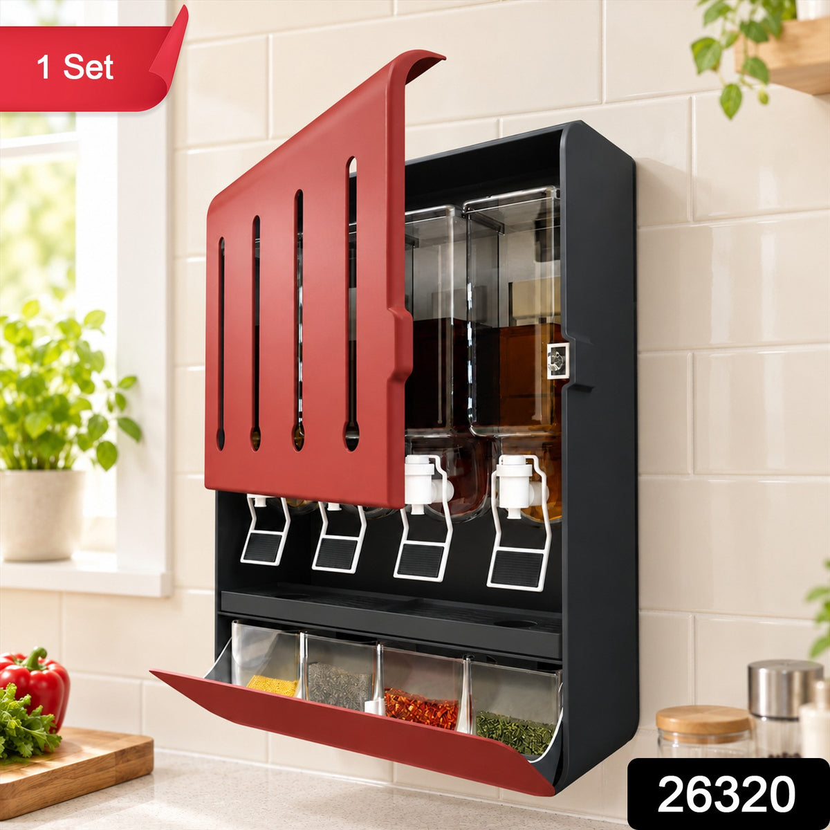 Wall Mounted Kitchen Oil Dispenser with 4 Removable Containers (1 Set)