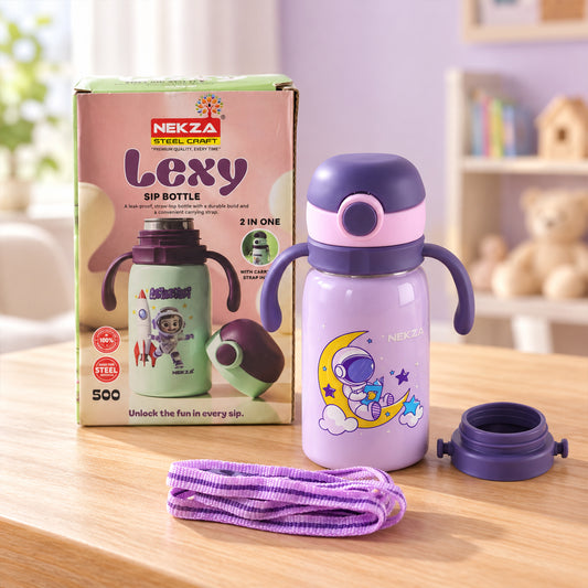 A purple Nekza Lexy sip bottle with an astronaut print, handles, and a strap, next to its packaging.