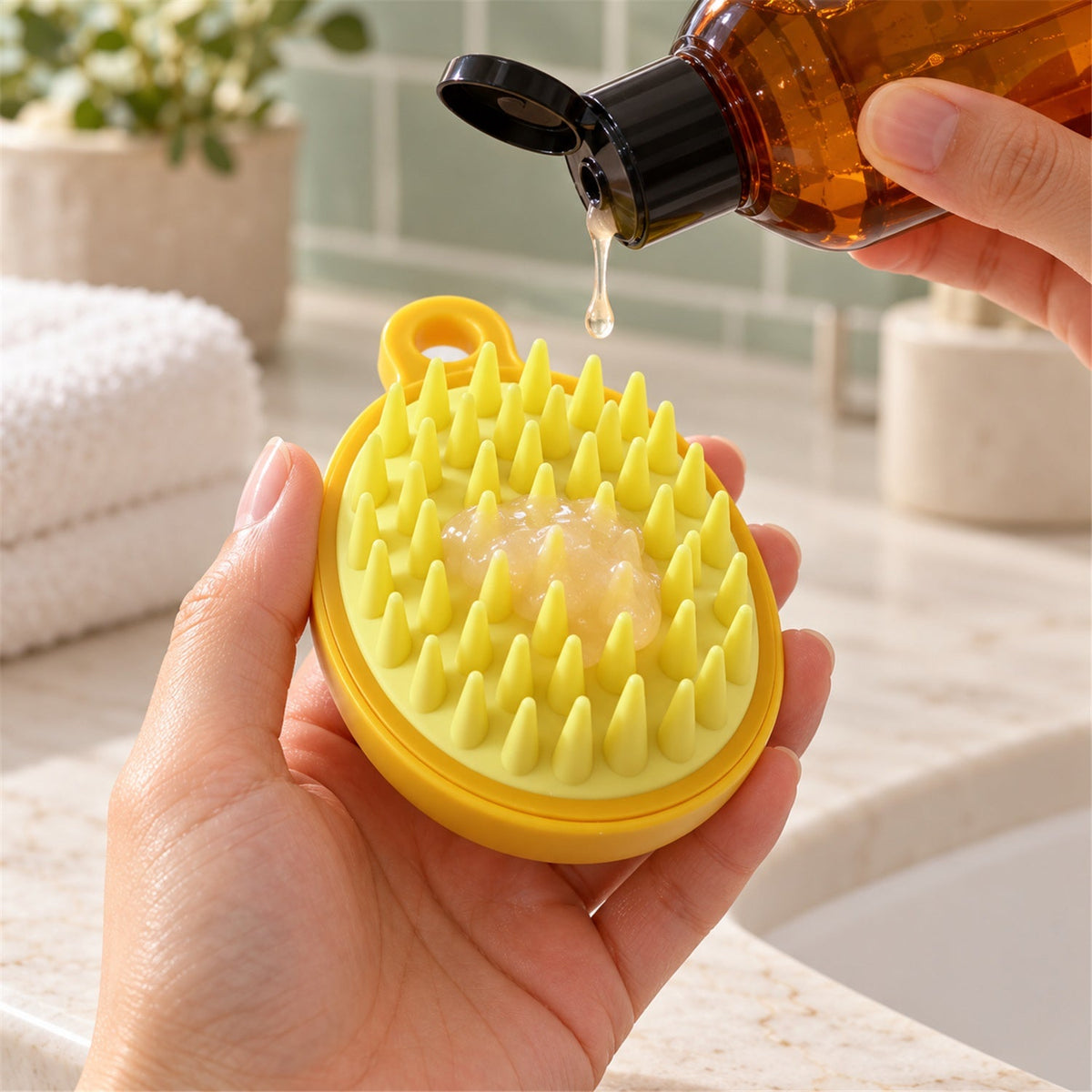 Hands hold the yellow silicone brush while pouring a clear liquid, likely shampoo, onto its light green bristles.