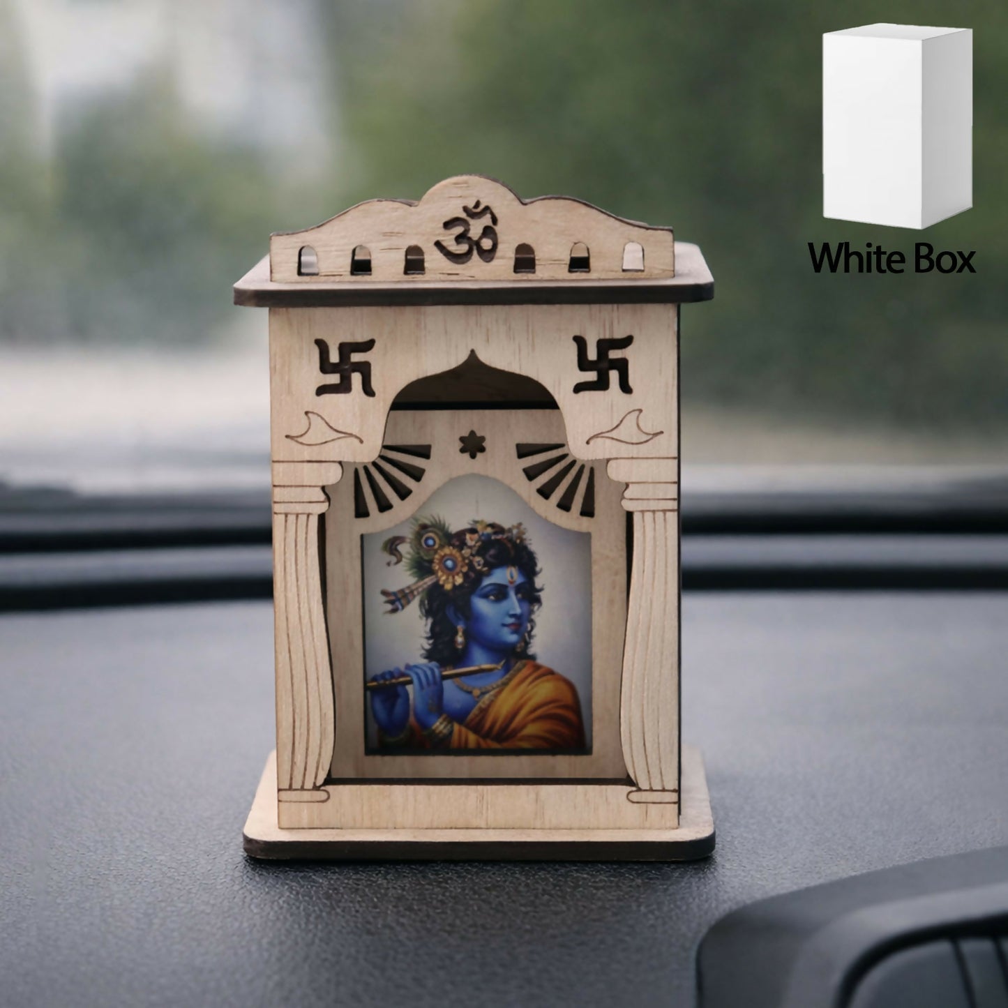 Wooden Krishna Mini Temple with Printed Image & Adhesive Base – Tabletop Mandir