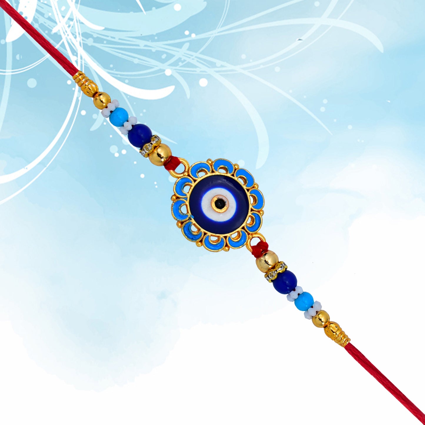 Evil Eye Rakhi with Blue Beads and Golden Accents โ Protective Nazar Design