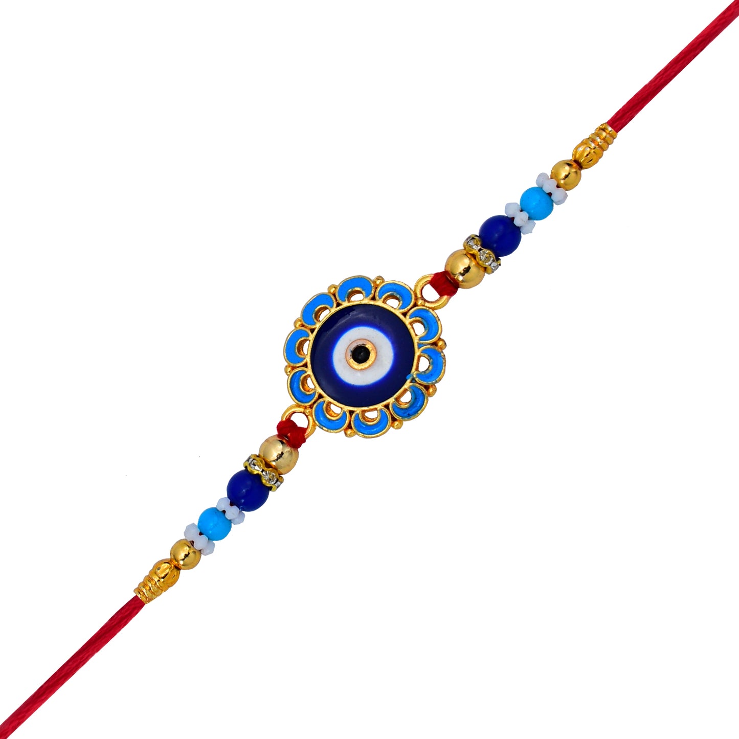 Evil Eye Rakhi with Blue Beads and Golden Accents โ Protective Nazar Design