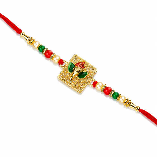 Buy Golden Ganpati Rakhi Red Green Beads Enamel Detailing