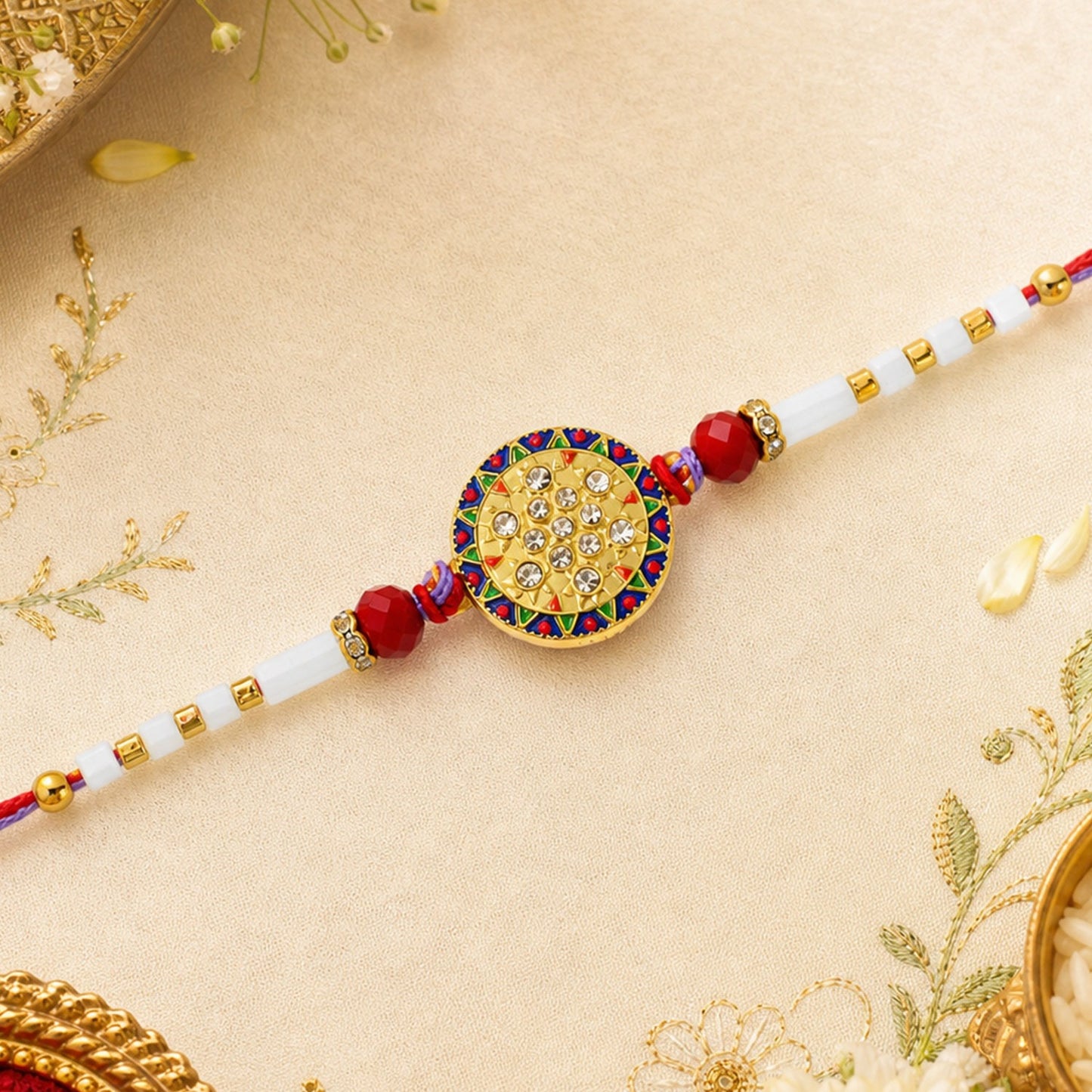 A gold, red, and white beaded bracelet with a round, ornate centerpiece featuring clear stones, on a light gold fabric.