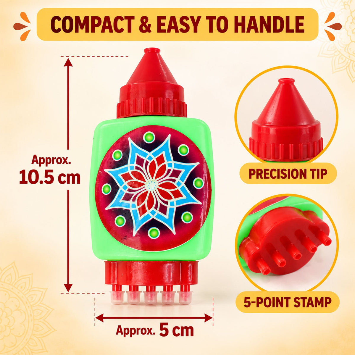 A green rangoli bottle with red caps, showing its approximate dimensions of 10.5 cm height and 5 cm width, with a 5-point