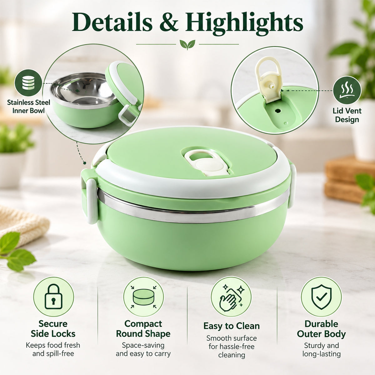 Single layer lunch box with steel inner bowl - lid and bowl features