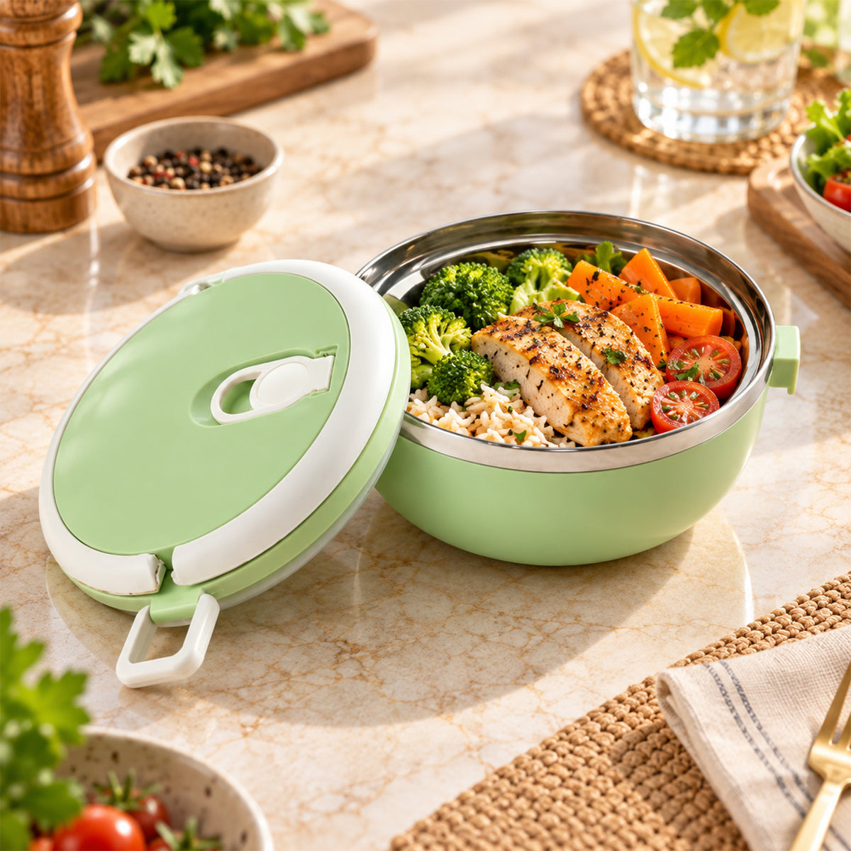 Single layer lunch box with steel inner bowl - meal serving