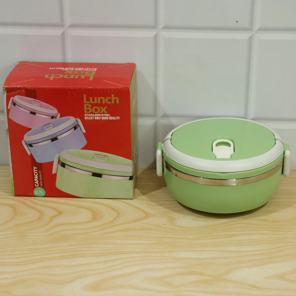 Single layer lunch box with steel inner bowl - actual product and box