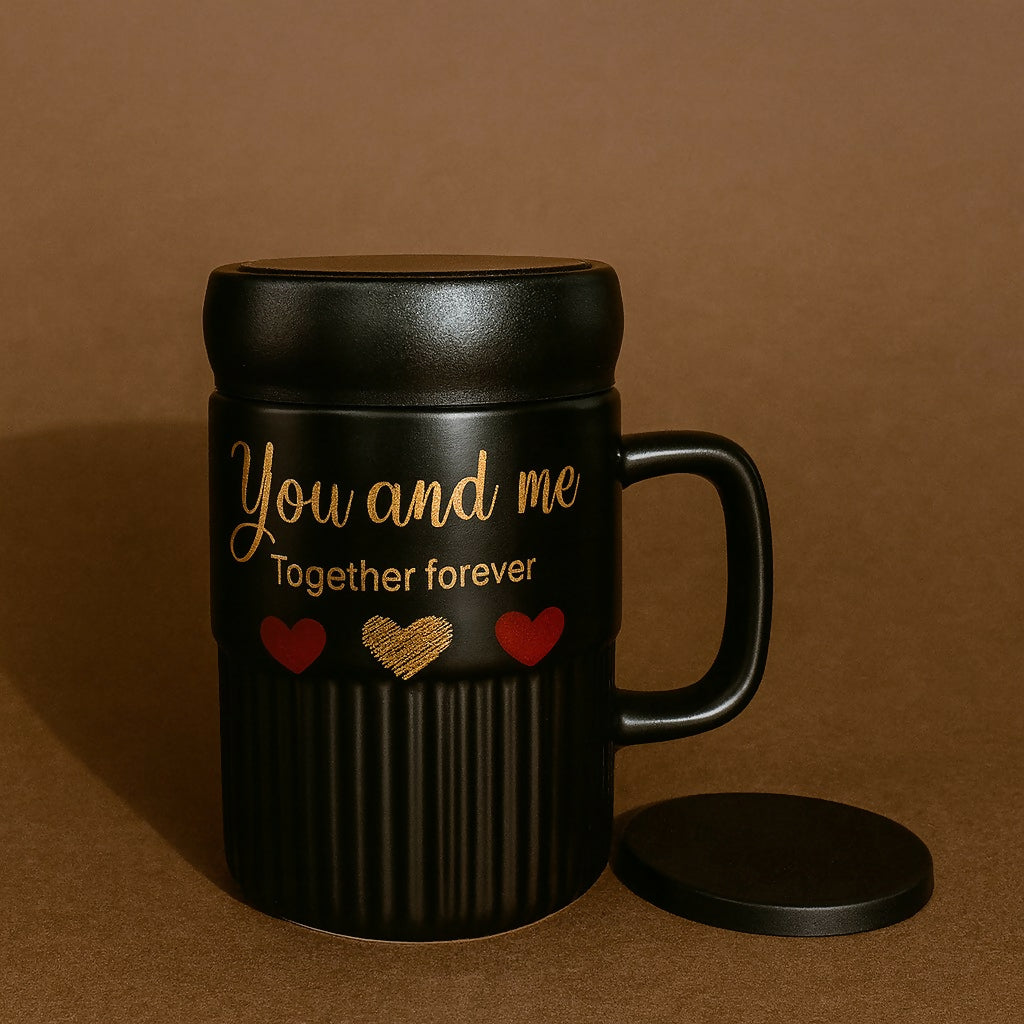 Premium Sweet Love Ceramic Mug with Lid & Spoon | Romantic Valentine Gift Cup for Couples | Leak-Resistant Lid, Large Capacity Coffee/Tea Mug | “Sweet Love” & “You & Me” Printed Heart Design | Microwave Safe | Ideal for Gifting