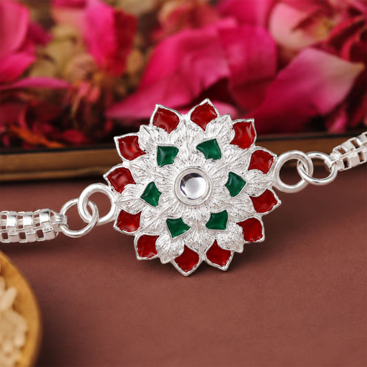 Round Silver Chain Red Green Accents Rakhi for Brother – Rakshabandhan Special